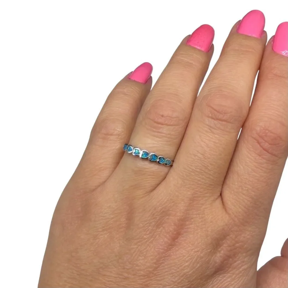 Blue Fire Opal Heart Eternity Band Ring Solid 925 Sterling Silver Size 5